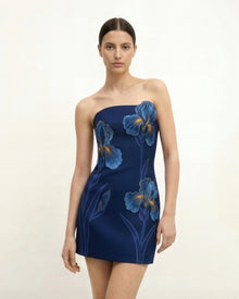 Iris Floral Print Strapless Dress – Navy blue