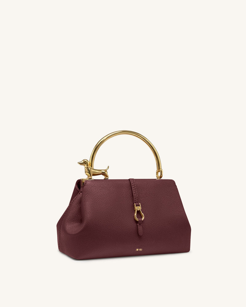 Bruna Dachshund Metal Handle Top Handle Bag - Burgundy