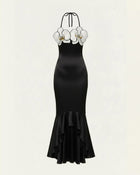 Orchid Embroidered High-Low Midi Dress - Black