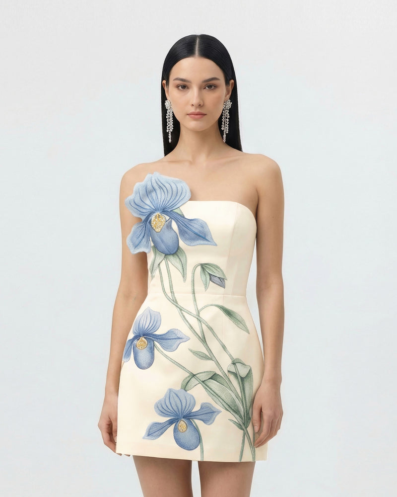 Slipper Orchid Appliqué Mini Dress - Ivory/Blue