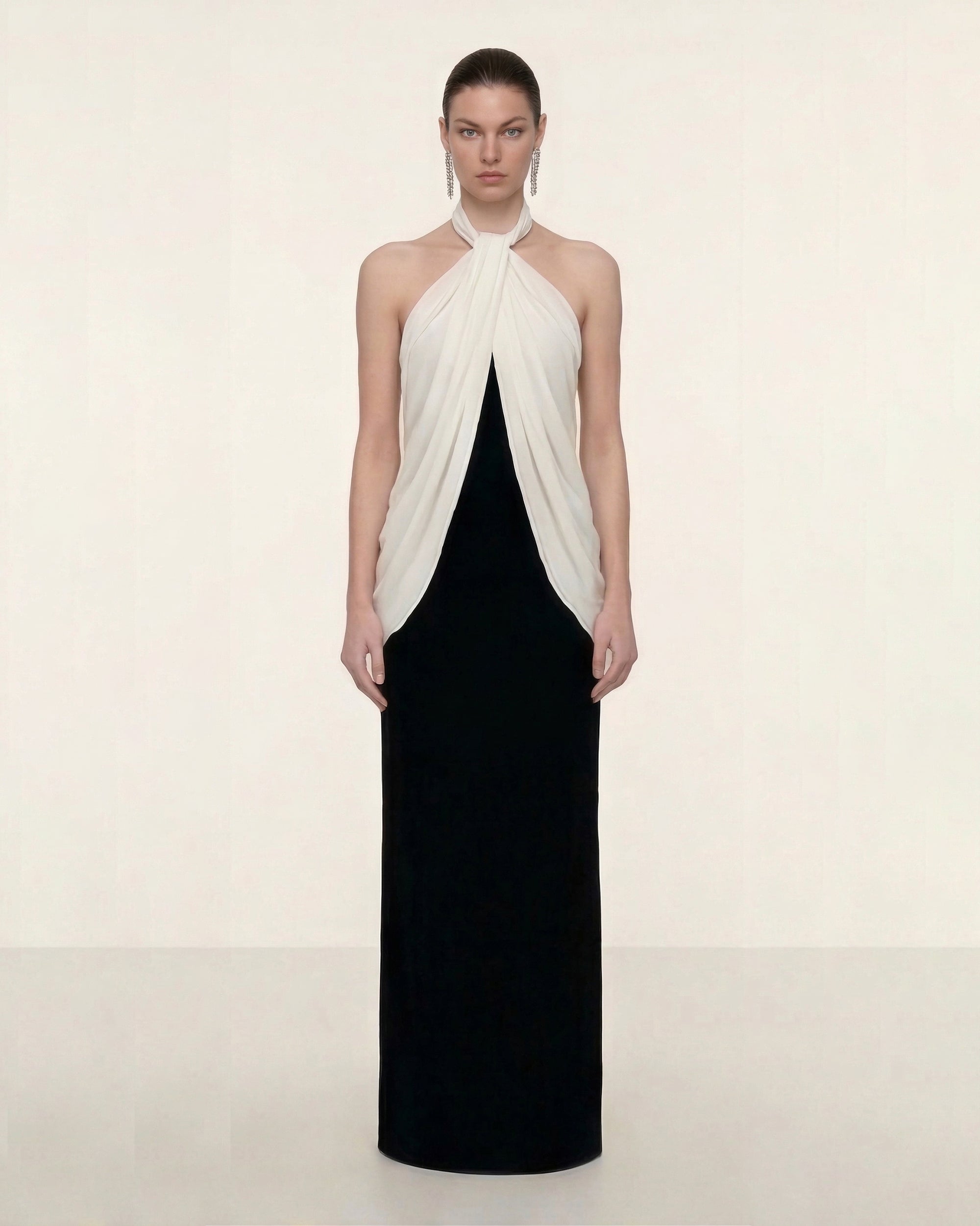 Elegant Halter Maxi Dress - Black White