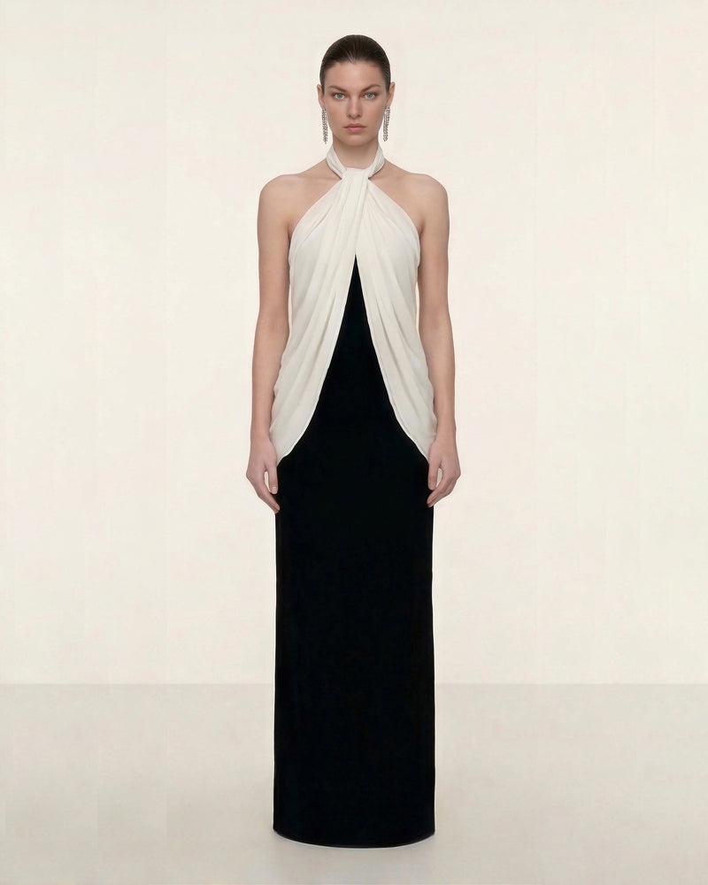 Elegant Halter Maxi Dress - Black White