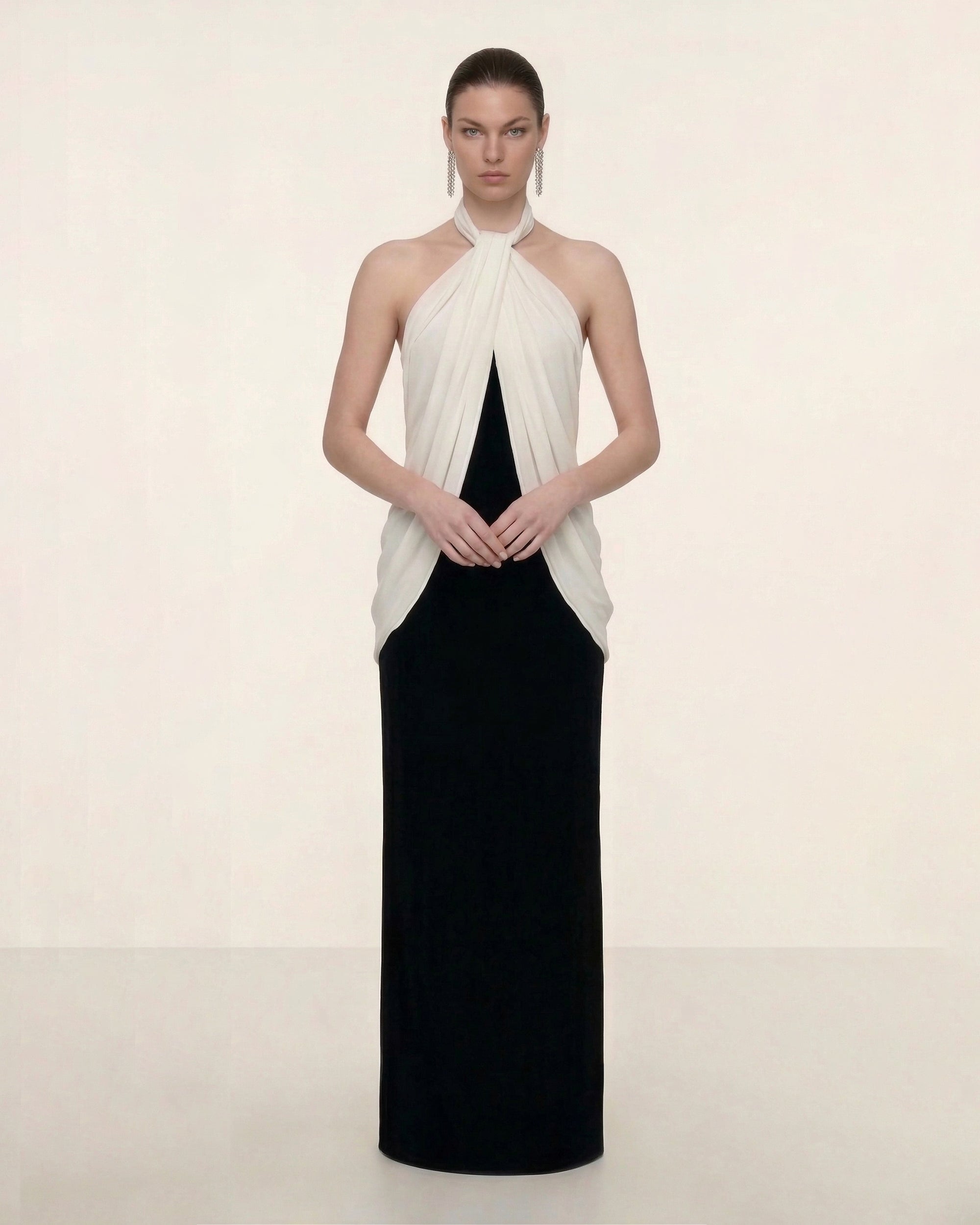 Elegant Halter Maxi Dress - Black White