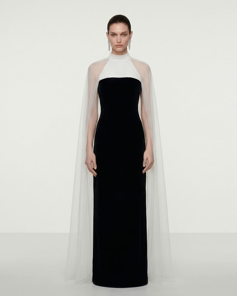 Elegant Cape Maxi Dress - Black White