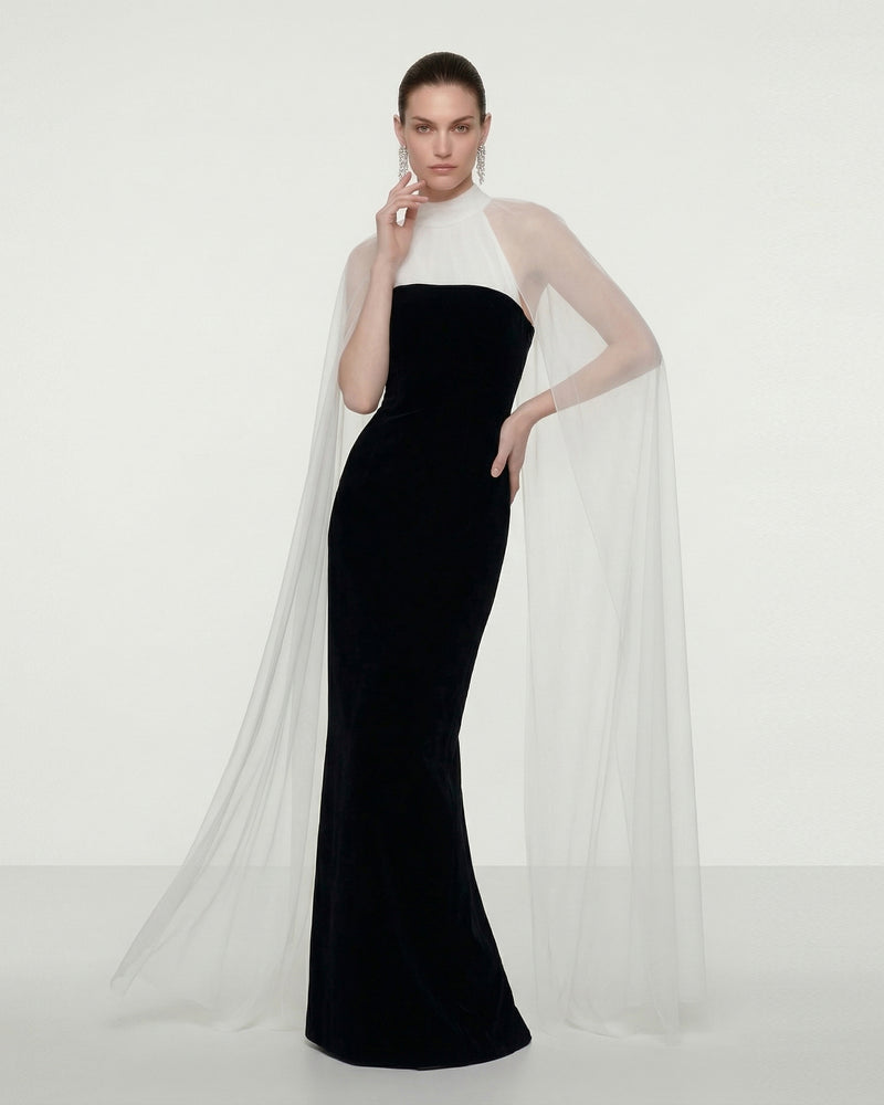 Elegant Cape Maxi Dress - Black White