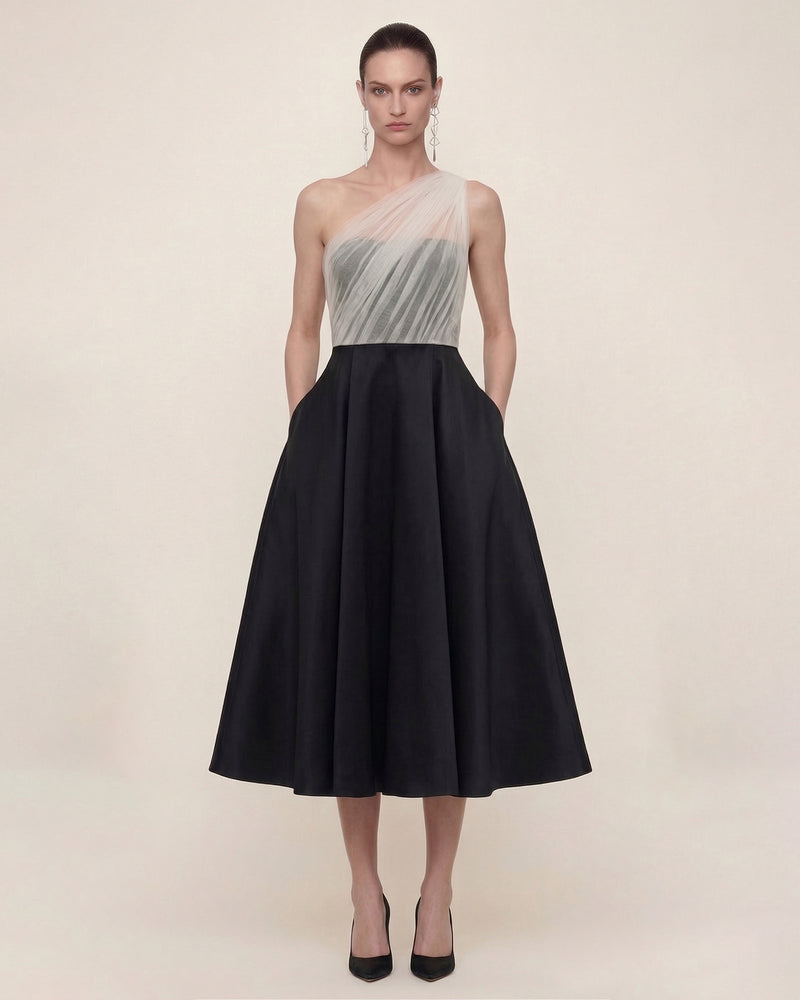 One Shoulder Tulle Midi Dress - Black White