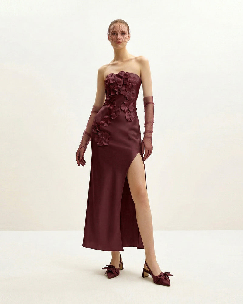 Floral Embroidered Long Dress - Deep Claret