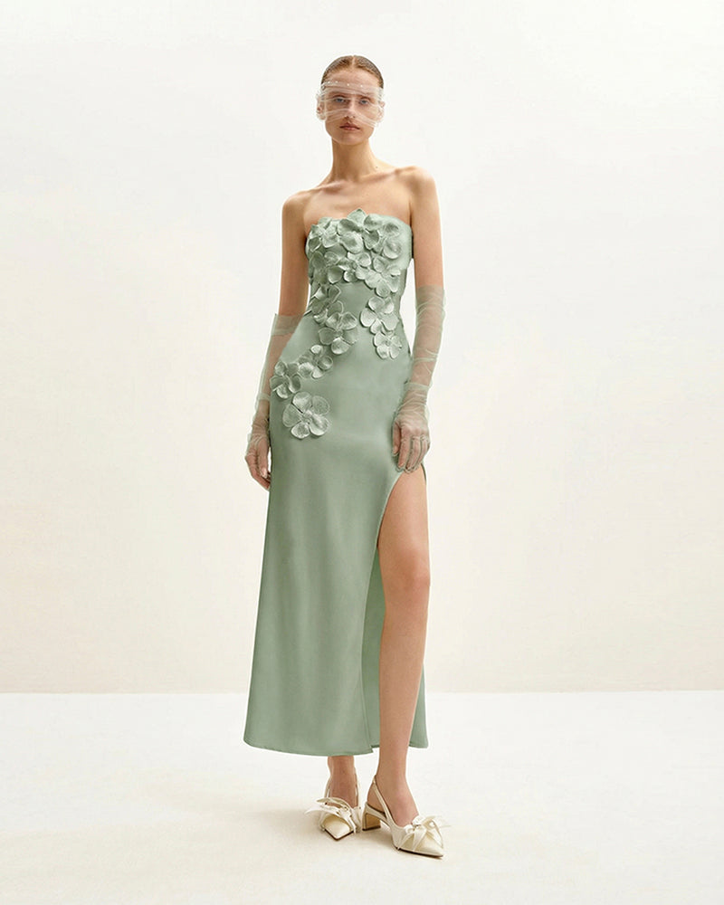 Floral Embroidered Long Dress - Matcha Green