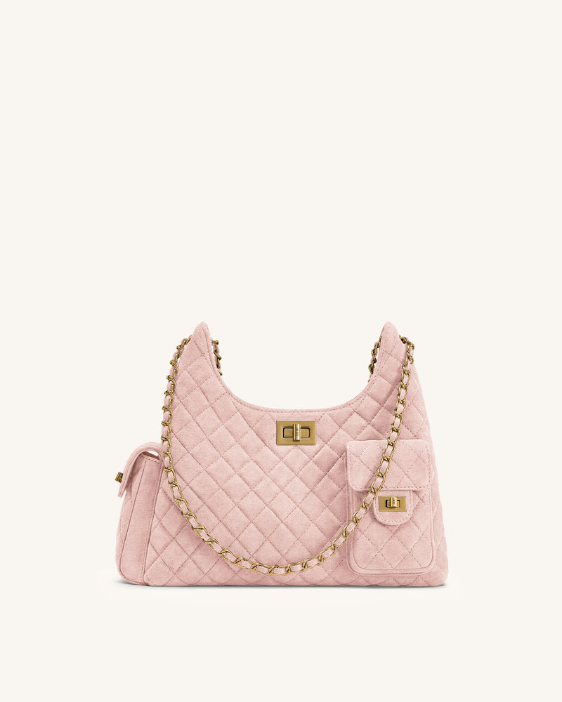 Vivian Faux Suede Quilted Shoulder Bag - Pink