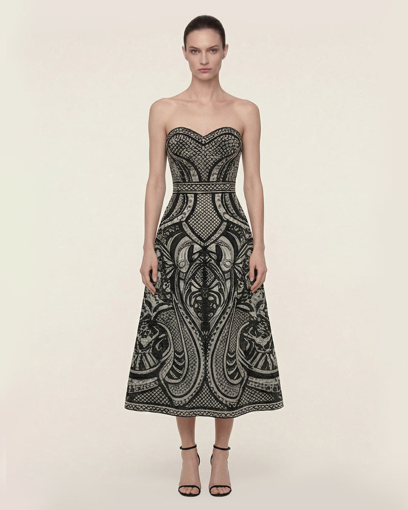 Baroque Strapless Printed Midi Dress - Black/Grey