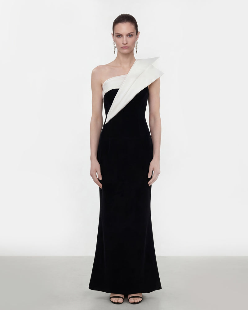 One Shoulder Colorblock Evening Dress - Black White