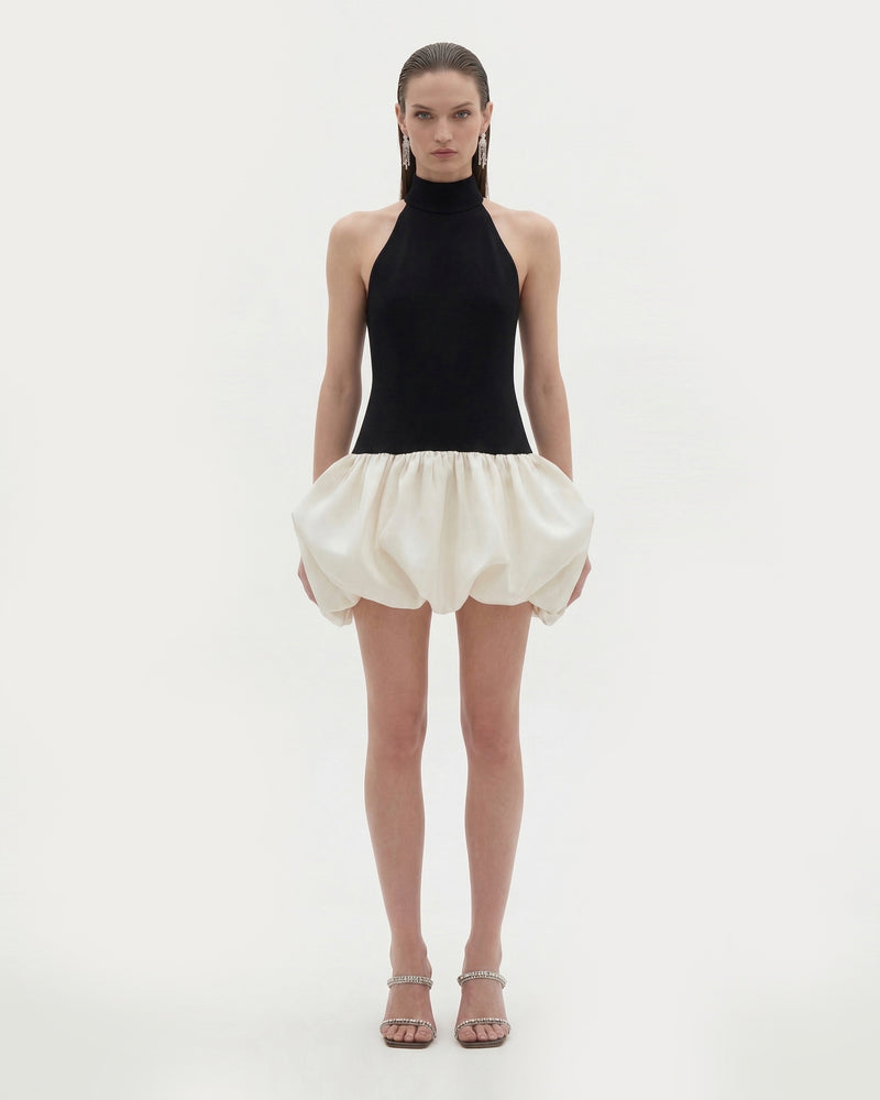 Contrast Halter Bubble Mini Dress - Black White