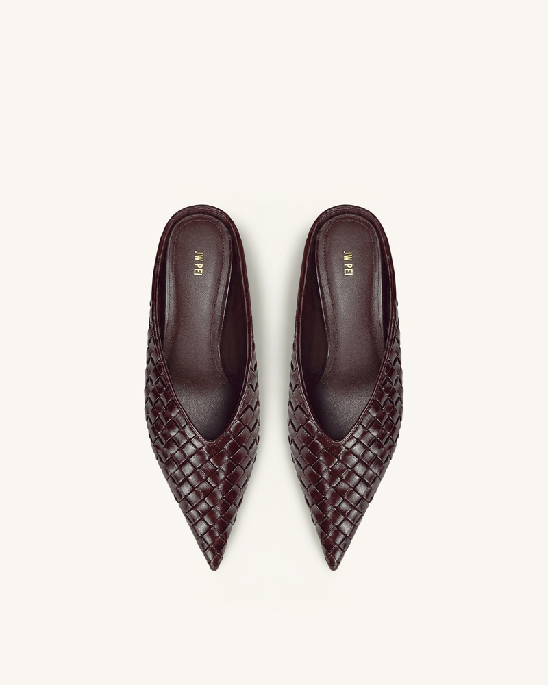 Helena Woven Textured Pointed Toe Mules - Burgundy