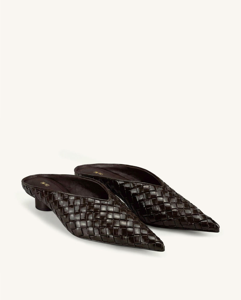 Helena Woven Textured Pointed Toe Mules - Dark Brown