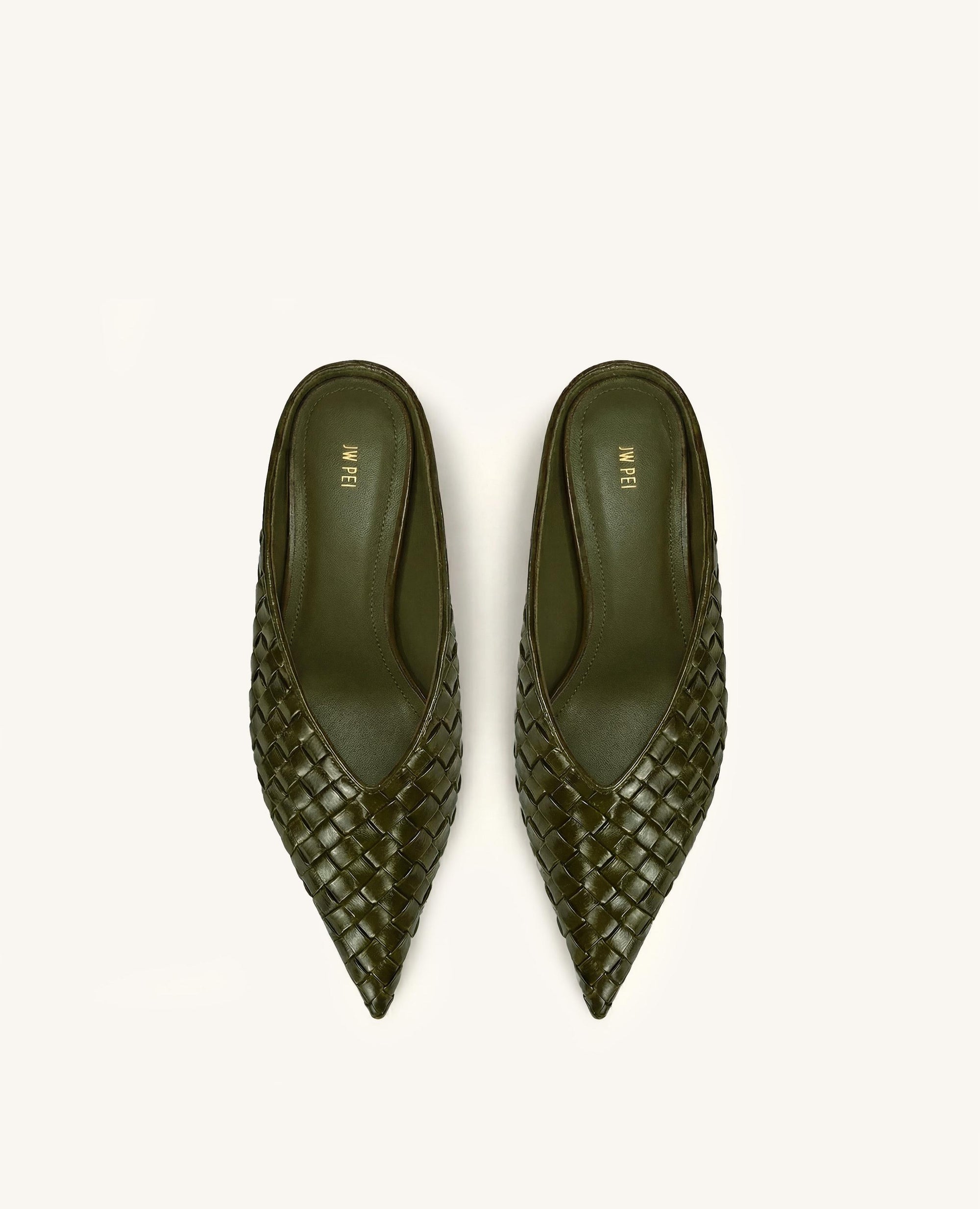 Helena Woven Textured Pointed Toe Mules - Olive Green