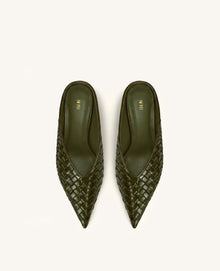 Helena Woven Textured Pointed Toe Mules - Olive Green