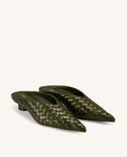 Helena Woven Textured Pointed Toe Mules - Olive Green