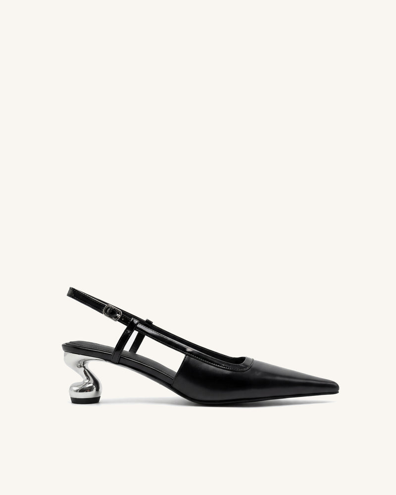 Hannah Sculptural Heel T-Strap Slingback Pumps - Black
