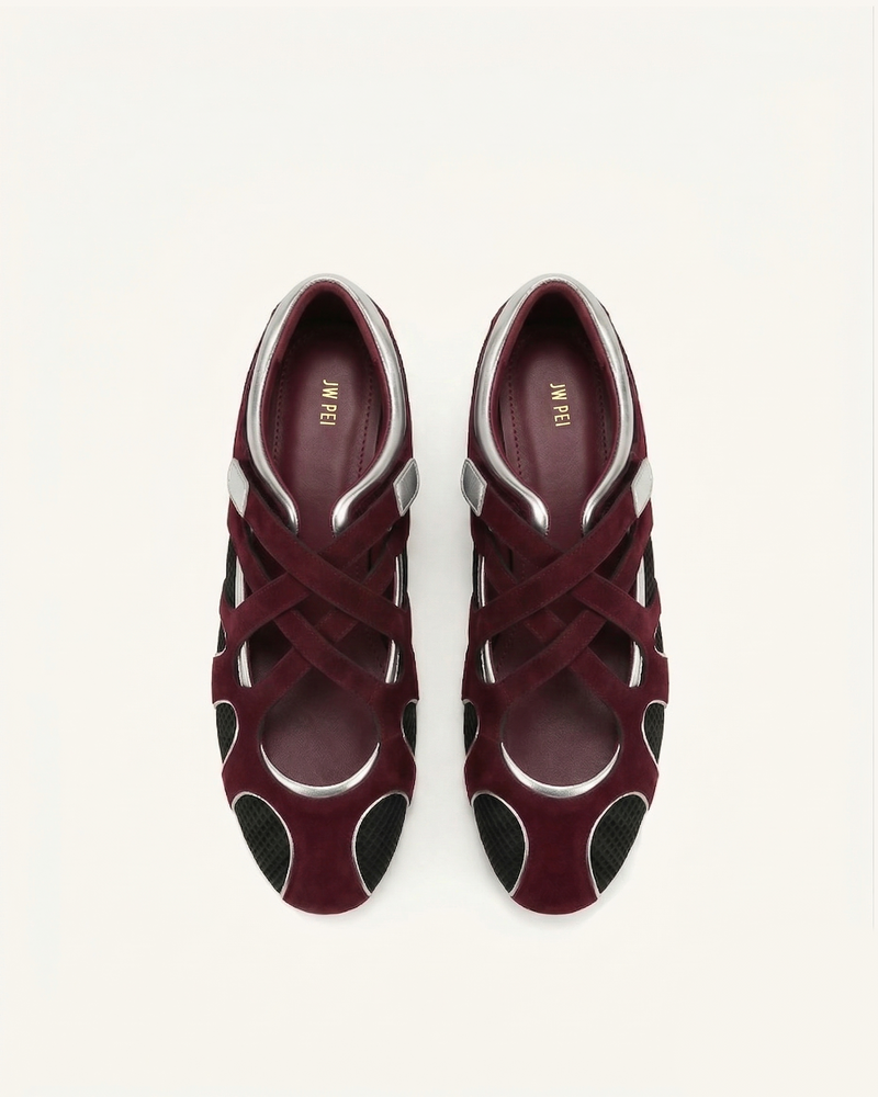 Thalia Mesh Panel Multi-Strap Ballet Flats - Burgundy