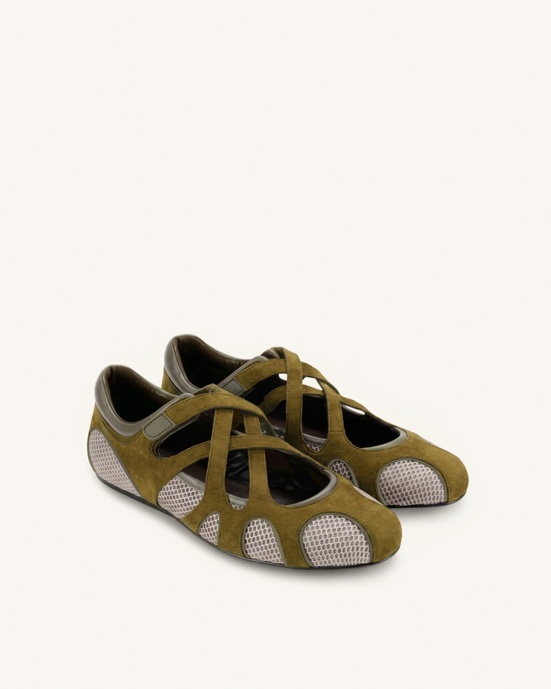 Thalia Mesh Panel Multi-Strap Ballet Flats - Olive Green