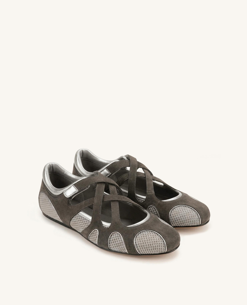 Thalia Mesh Panel Multi-Strap Ballet Flats - Dark Grey