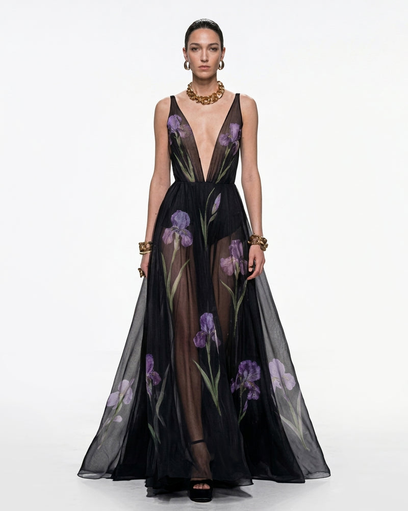 Sheer Floral Print Maxi Dress - Black