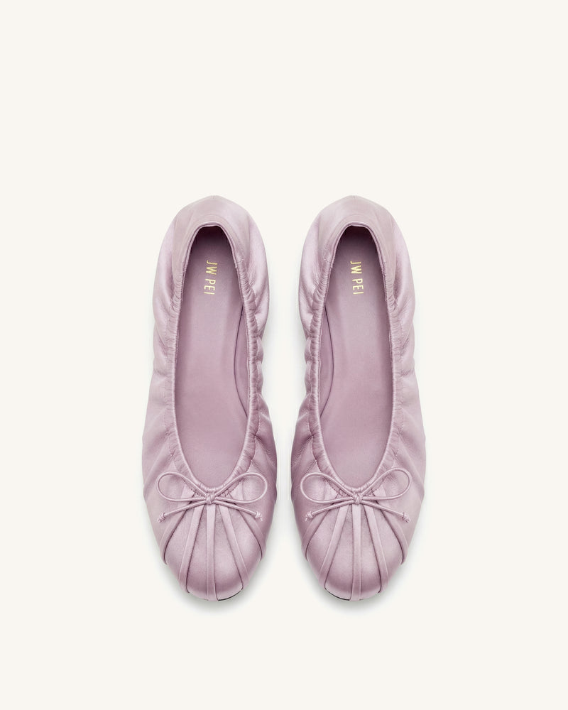 Elara Ruched Drawstring Satin Ballet Flats - Purple