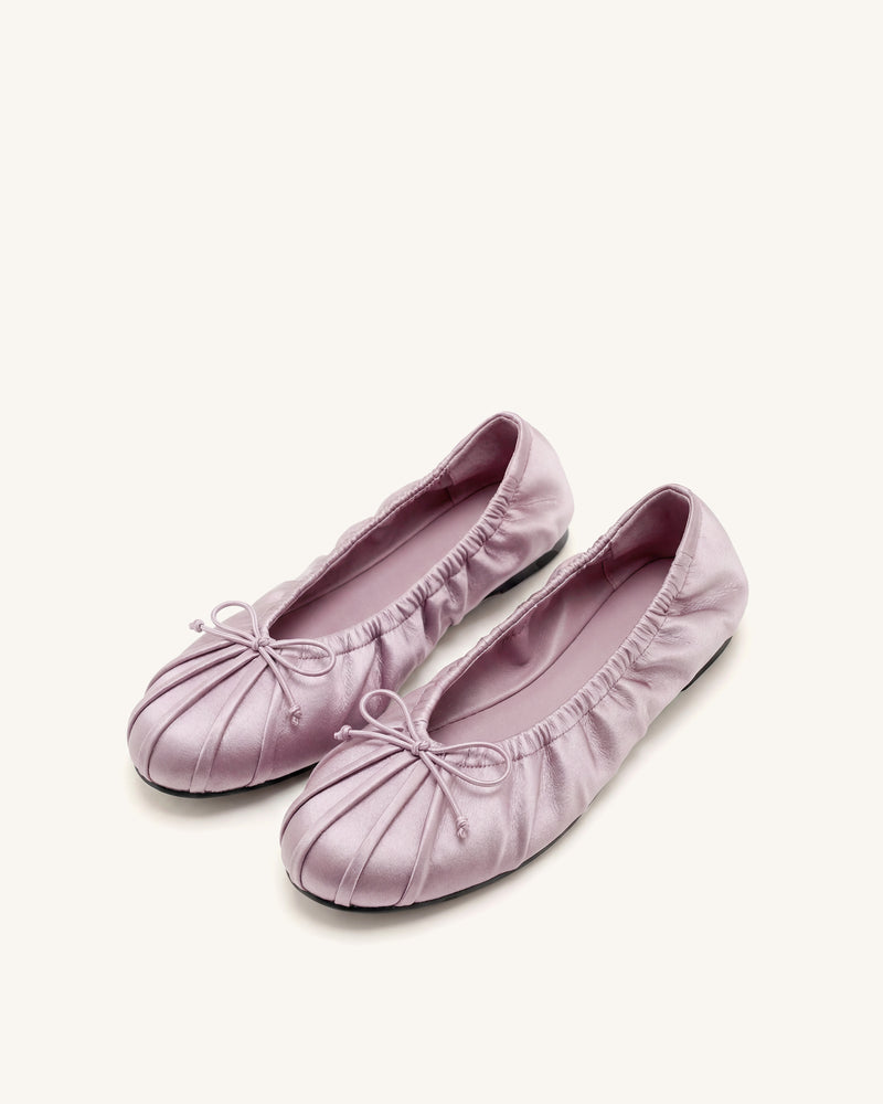 Elara Ruched Drawstring Satin Ballet Flats - Purple