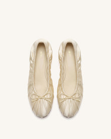 Solenne Ruched Drawstring Satin Ballet Flats - Beige