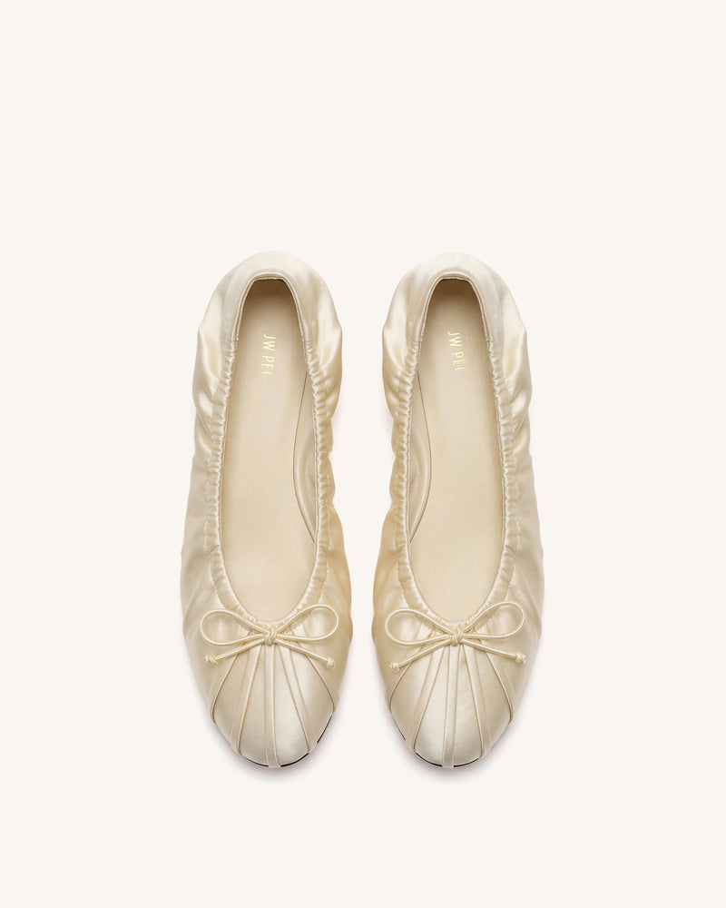 Solenne Ruched Drawstring Satin Ballet Flats - Beige
