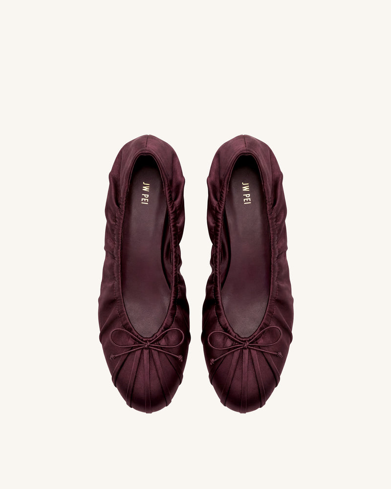 Elara Ruched Drawstring Satin Ballet Flats - Burgundy