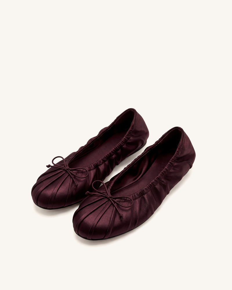 Elara Ruched Drawstring Satin Ballet Flats - Burgundy
