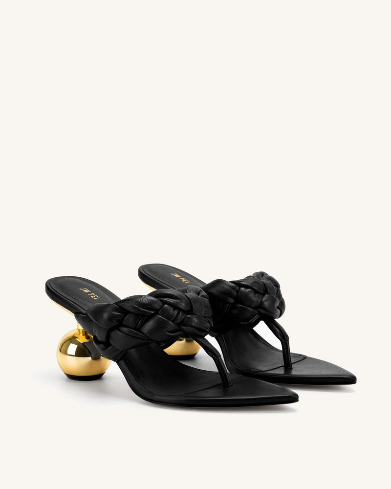 Ellie Braided Orb Heel Thong Mule Heels - Black
