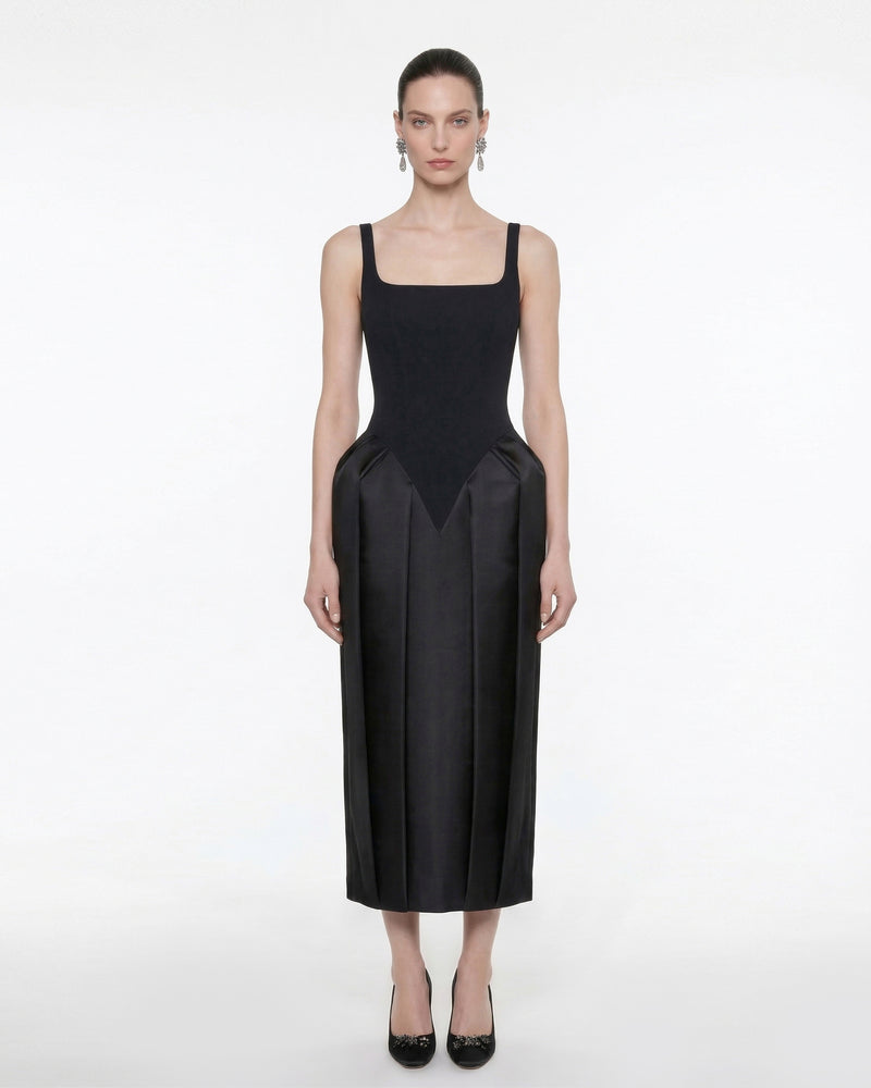 Square Neck Pannier Midi Dress - Black