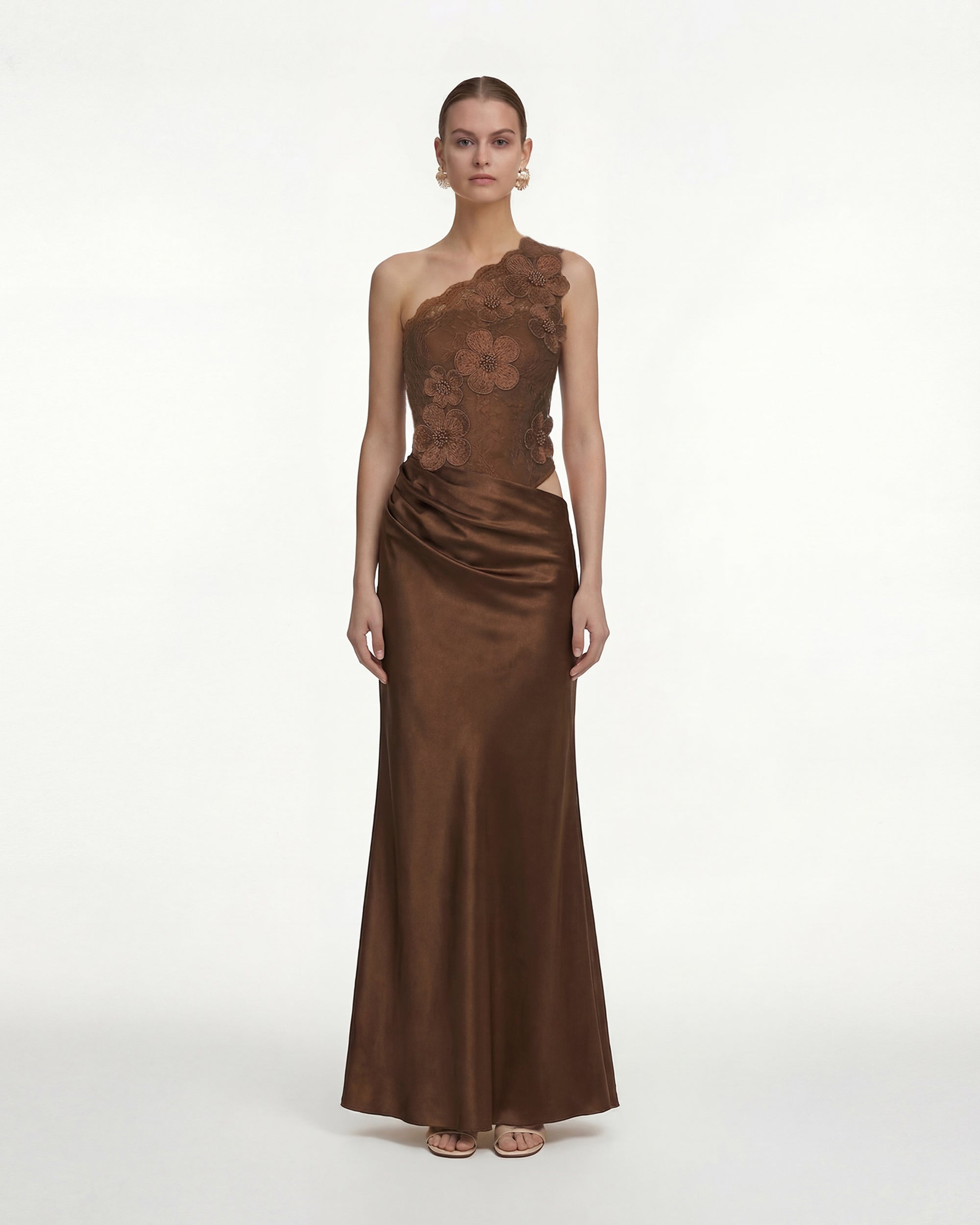 Floral One Shoulder Satin Dress - Brown