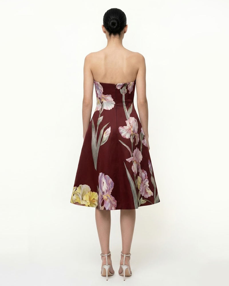 Iris Floral Print Strapless A-Line Dress - Burgundy