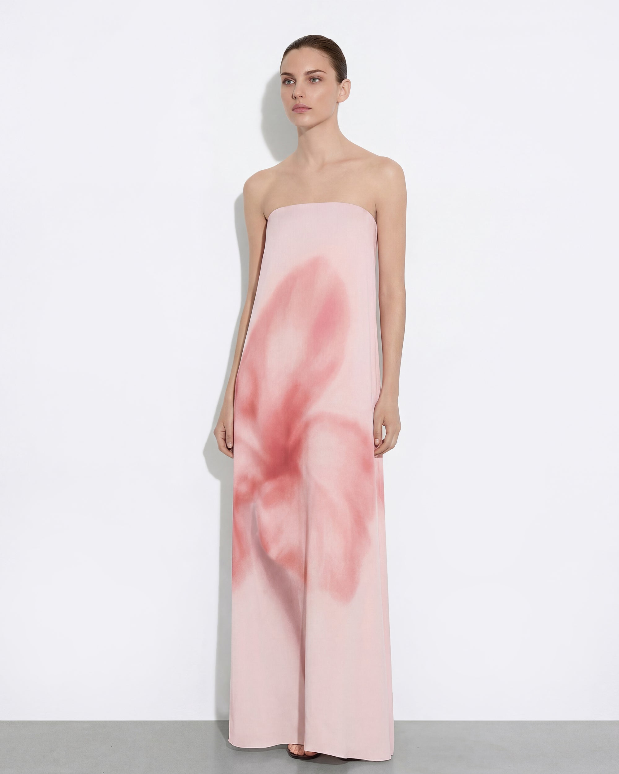 Watercolor Floral Print Strapless Maxi Dress - Pink