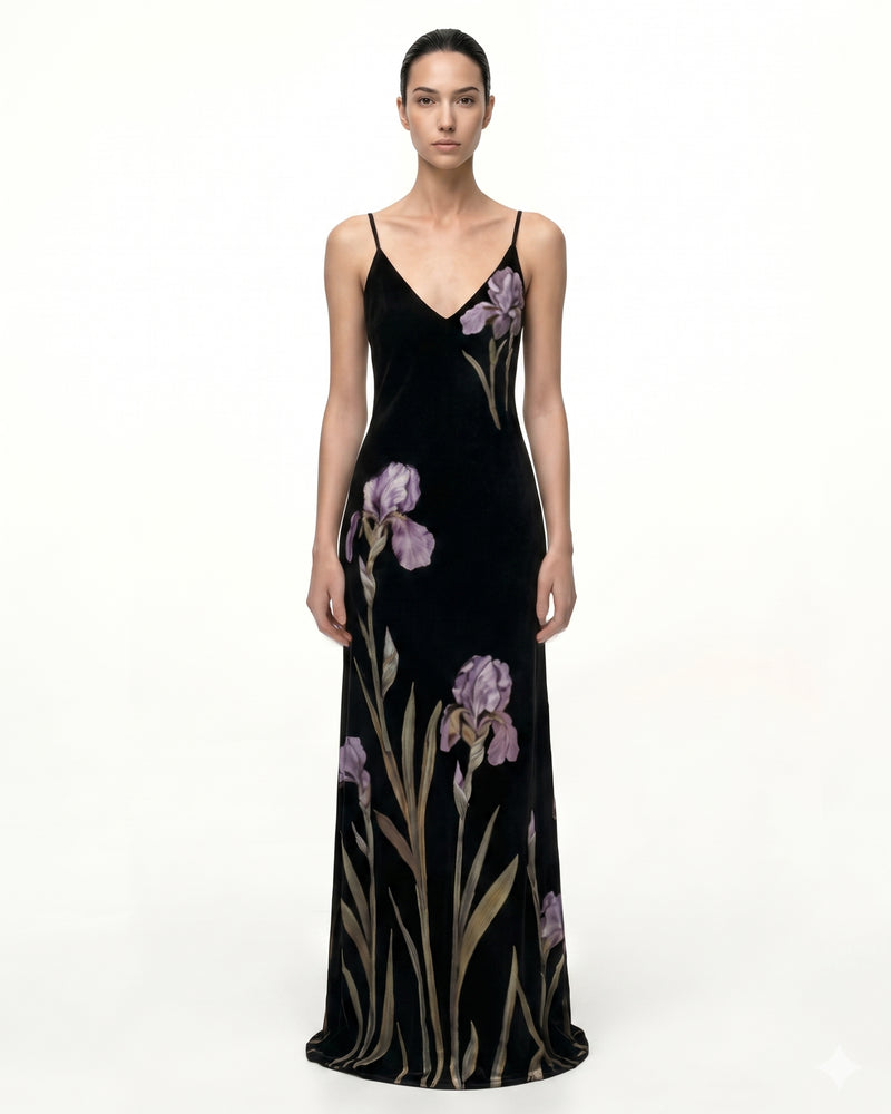 Iris Motif Satin Slip Gown - Black/Purple