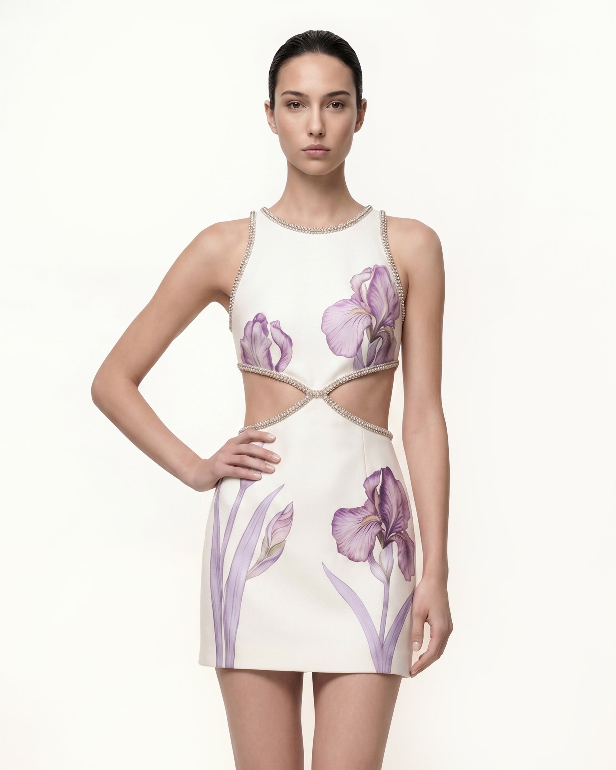 Beaded Trim Floral Mini Dress - White