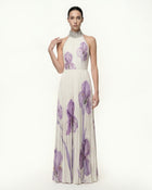 Jeweled-neck Halter Pleated Iris Print Maxi Dress - White/Purple
