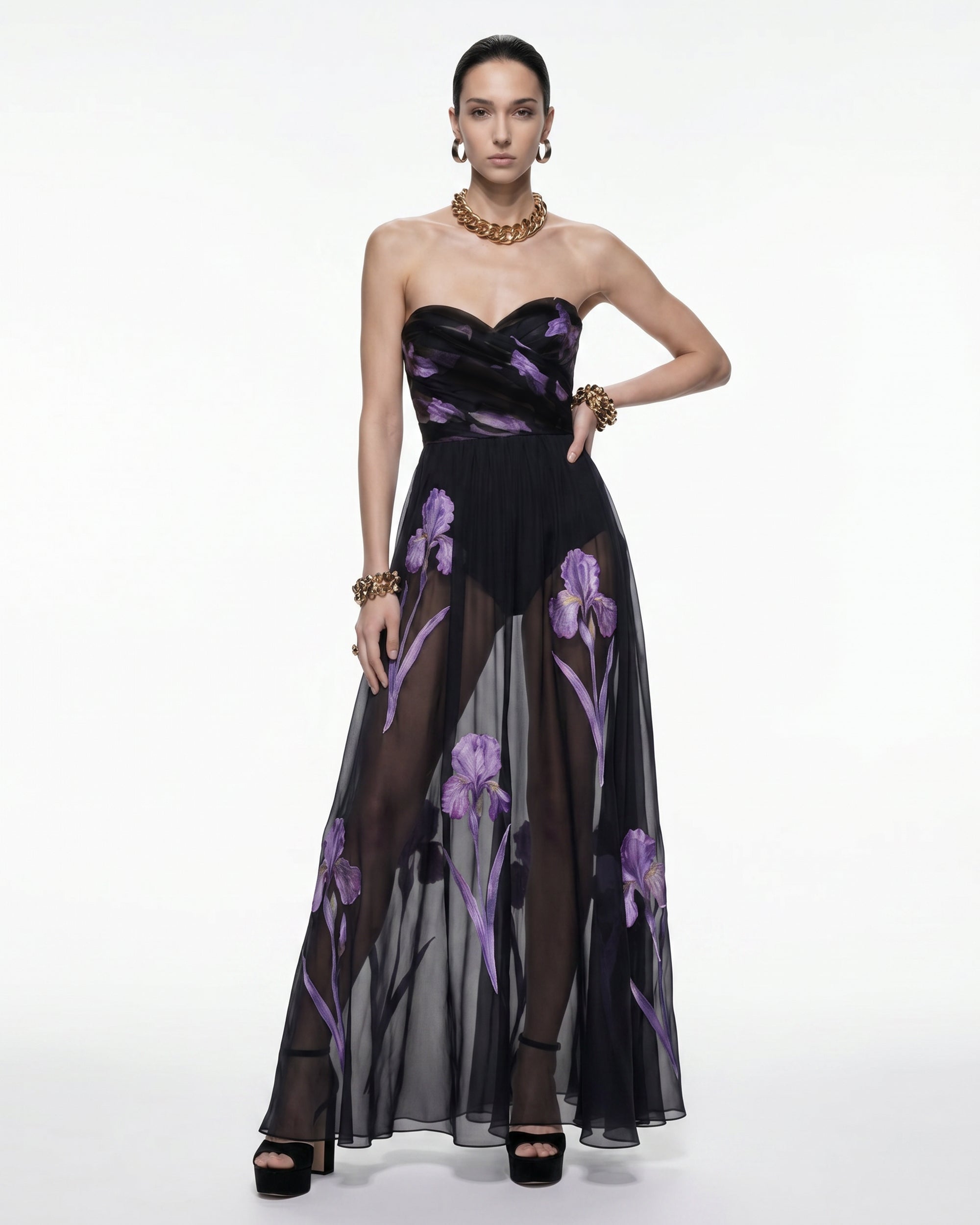 Iris Print Sheer Overlay Strapless Maxi Dress - Black/Purple