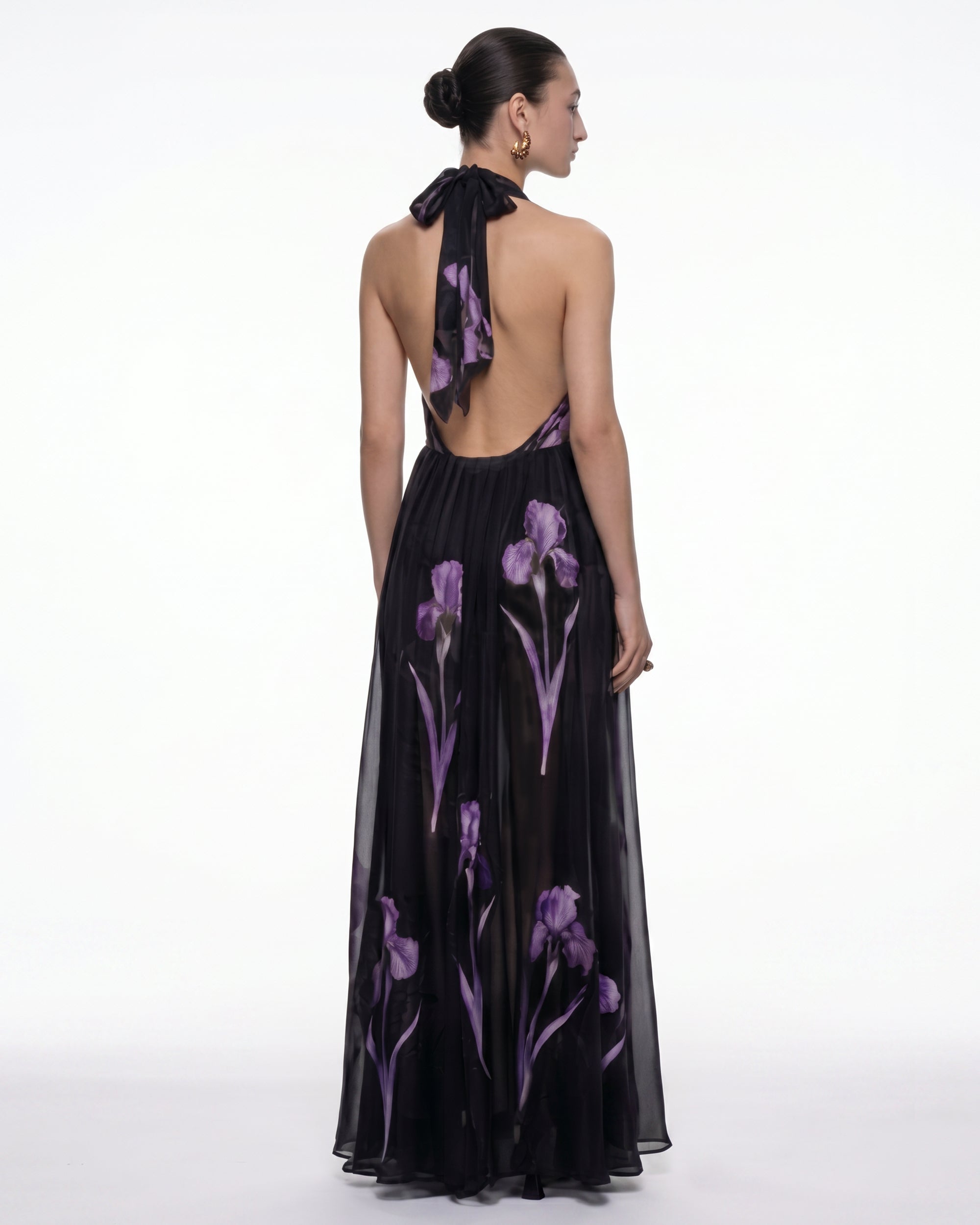 Iris Print Sheer Halter Maxi Dress - Black/Purple