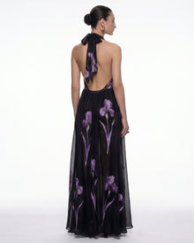 Iris Print Sheer Halter Maxi Dress - Black/Purple