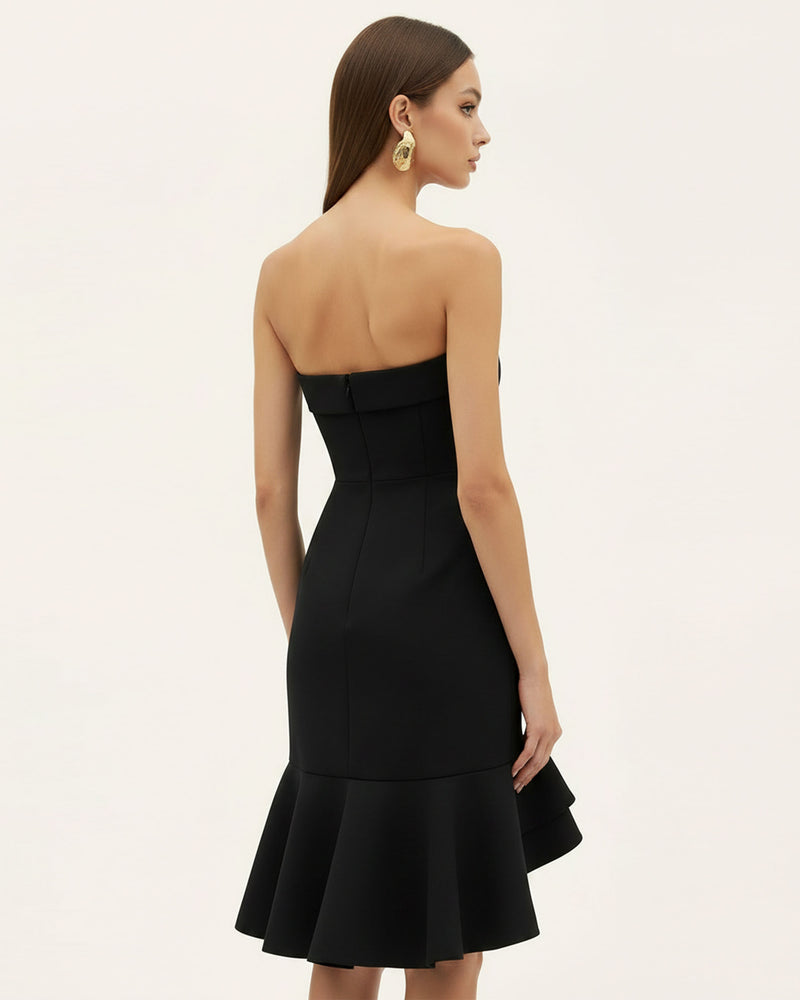 Orchid Embroidered Asymmetrical Strapless Midi Dress - Black Yellow