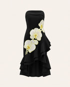 Orchid Embroidered Asymmetrical Strapless Midi Dress - Black Yellow