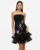 Orchid Embroidered Tulle Hem Strapless Mini Dress - Black Purple