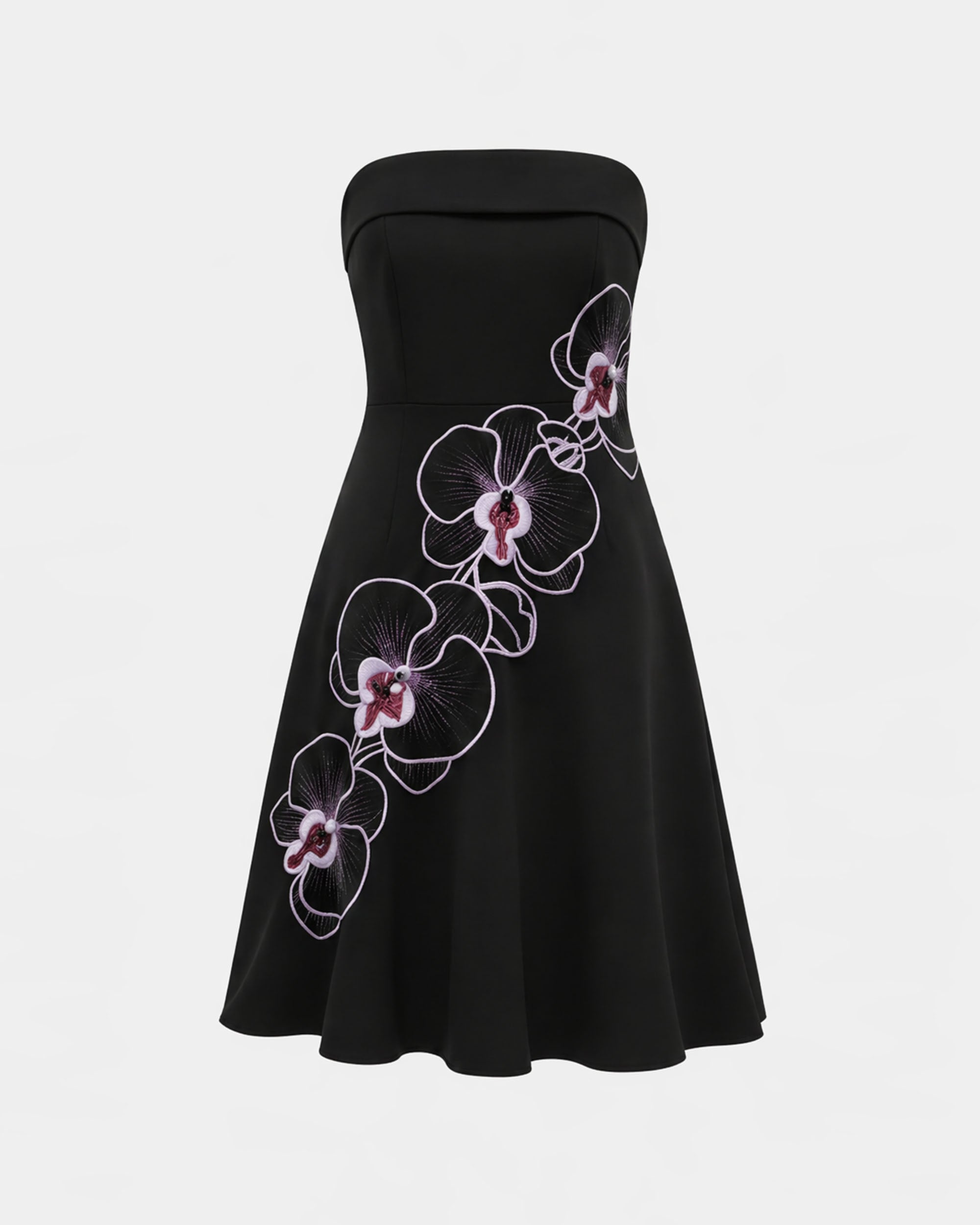 Orchid Embroidered Strapless A-Line Midi Dress - Black Purple