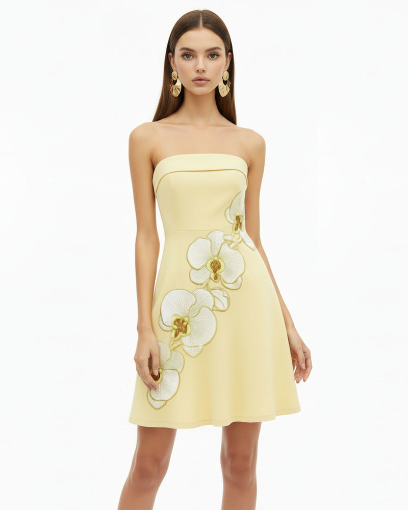 Orchid Embroidered Strapless A-Line Midi Dress - Pale Yellow