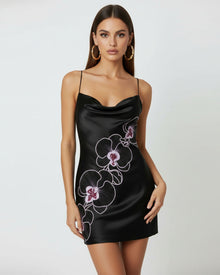 Orchid Embroidered Cowl Neck Slip Mini Dress - Black Purple
