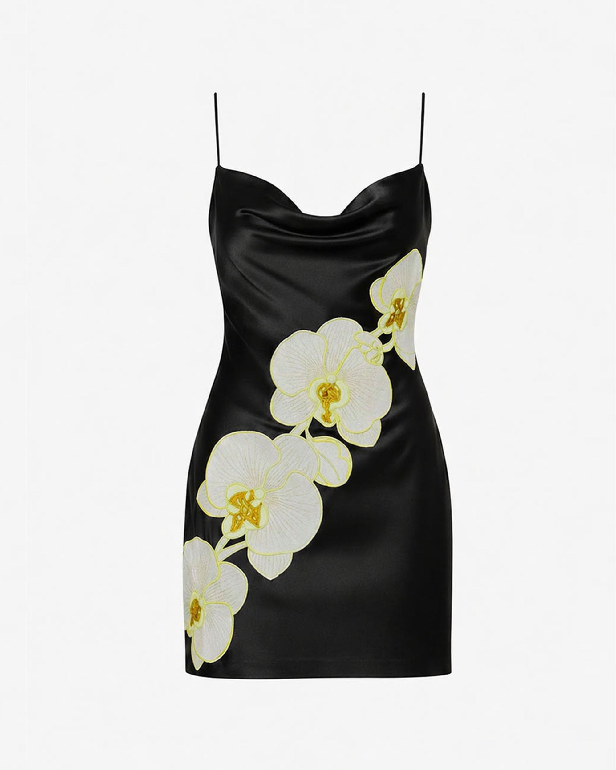 Orchid Embroidered Cowl Neck Slip Mini Dress - Black Yellow